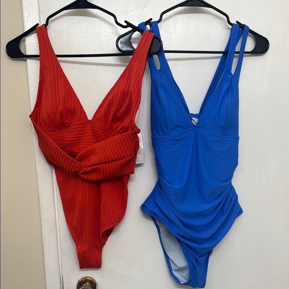 Red and Blue One Piece Swimsuits with V-Neckline